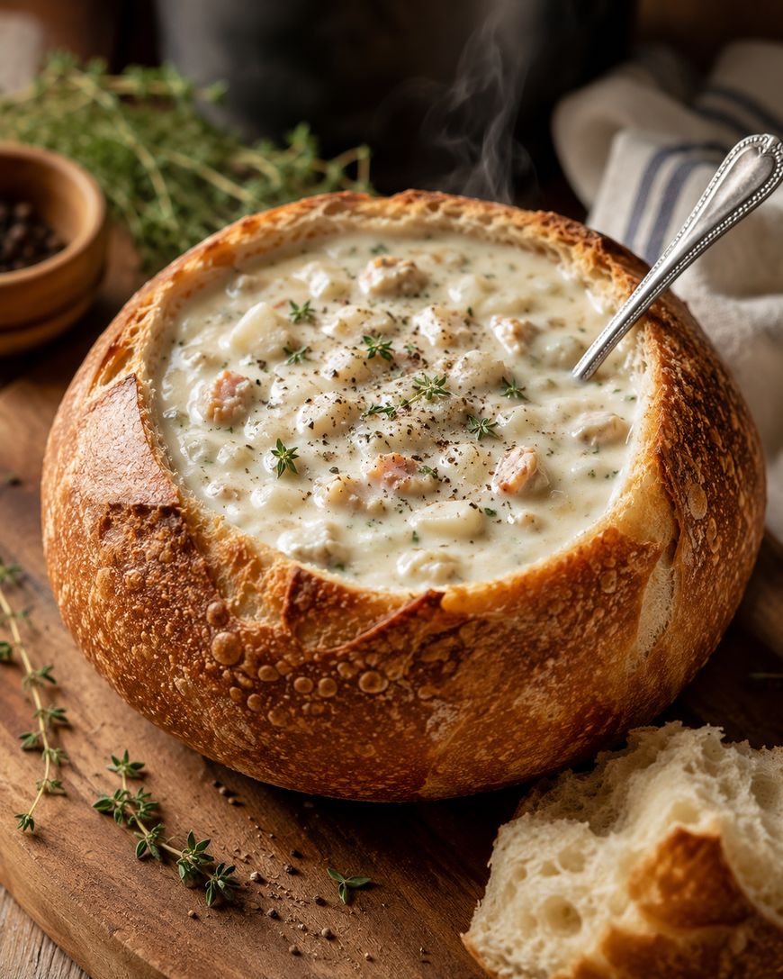Creamy soup with herbs and diced ingredients served in a round bread bowl with a spoon. Fresh thyme and a piece of bread rest on the wooden surface nearby. Steam rises from the hot soup.