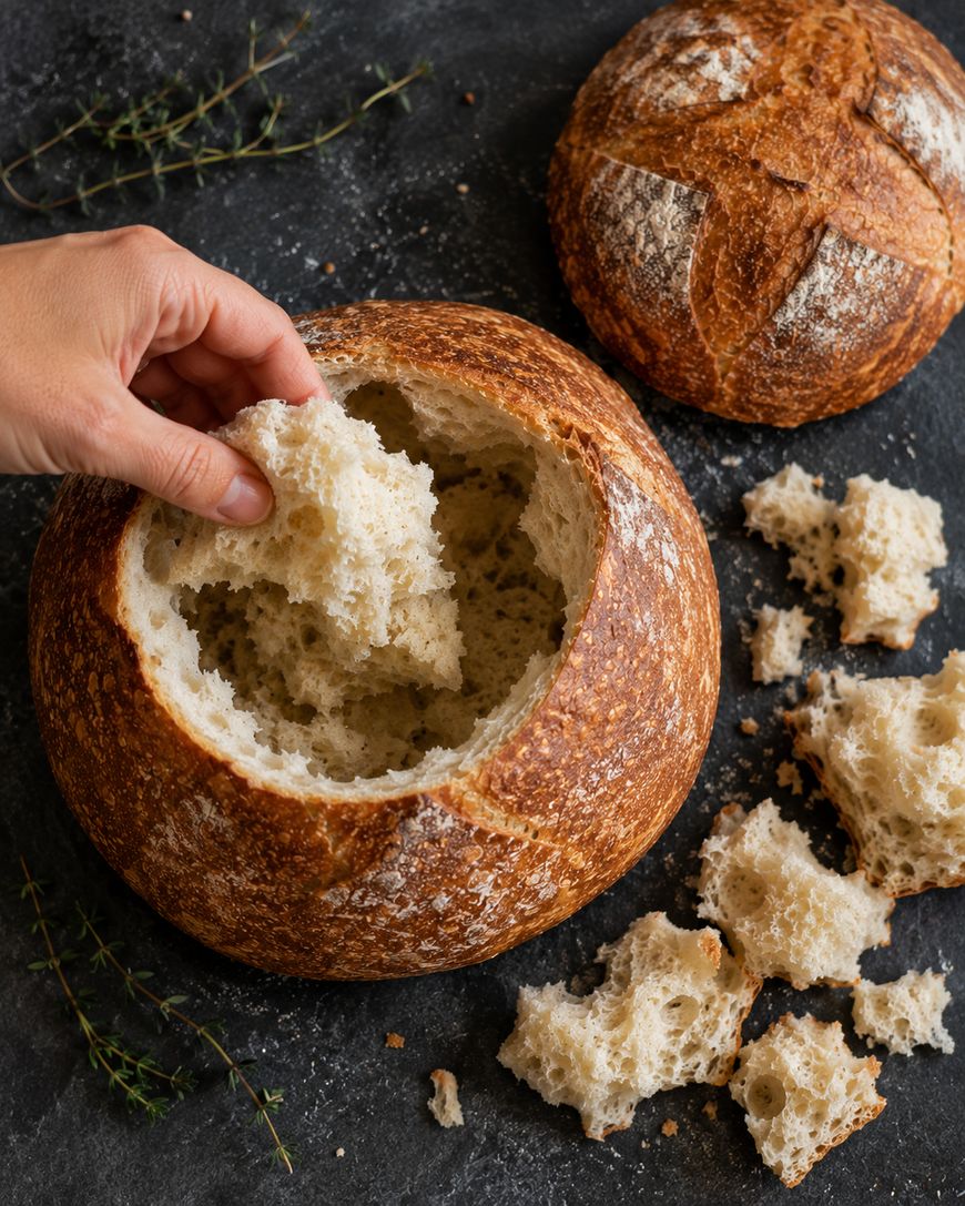 A hand pulls fluffy bread from inside a round loaf with a hollowed center. Loose bread pieces and another whole loaf sit on a dark surface, with a few thyme sprigs nearby.
