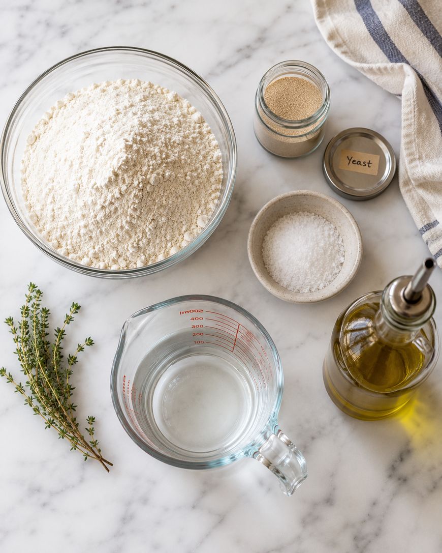A bowl of flour, a jar labeled yeast, salt, water in a measuring cup, olive oil, and sprigs of thyme are arranged on a marble countertop with a striped towel nearby.
