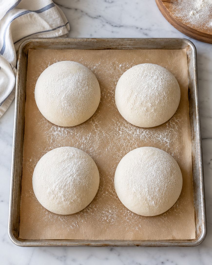 Four round dough balls dusted with flour sit evenly spaced on a parchment-lined baking sheet atop a marble counter, ready for baking. A striped towel and a wooden board with flour are visible nearby.