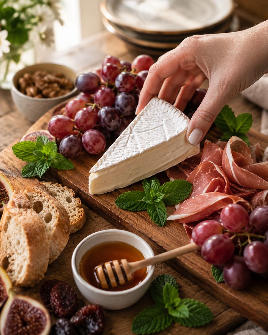 A hand picks up a wedge of brie cheese from a wooden board with grapes, prosciutto, bread, a bowl of honey, figs, and fresh mint. Plates and flowers are in the background.