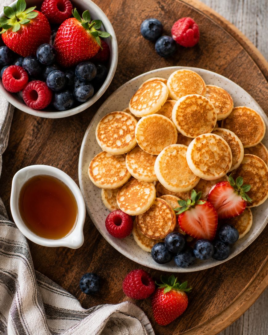 A plate of mini pancakes with strawberries, blueberries, and raspberries. A small bowl of berries and a pitcher of syrup are nearby on a wooden surface with a striped napkin.