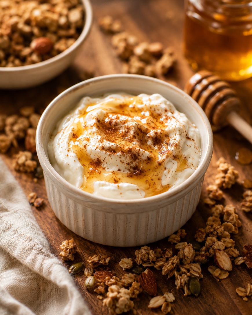 A bowl of yogurt topped with honey and cinnamon sits on a wooden table, surrounded by granola and a honey dipper.