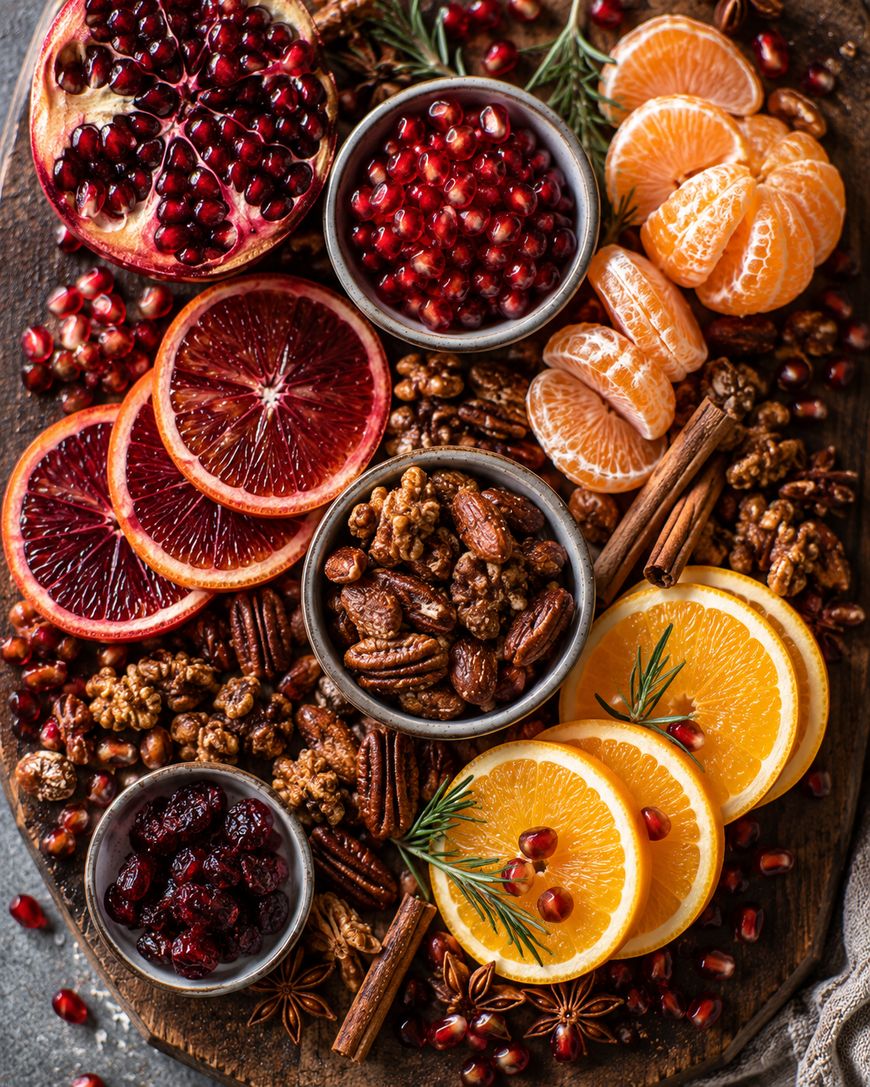 An arrangement of sliced oranges, blood oranges, mandarins, pomegranate seeds, dried cranberries, mixed nuts, and cinnamon sticks on a wooden board.