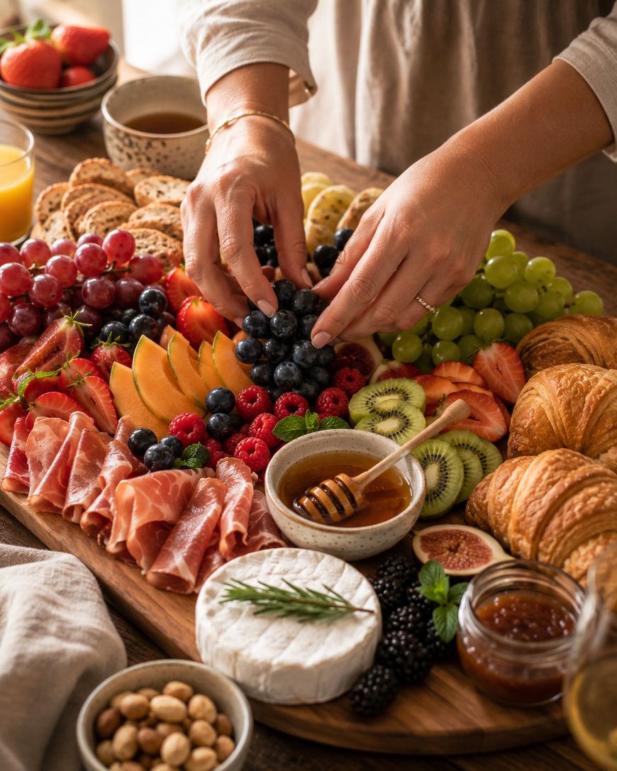 A person arranges blueberries on a charcuterie board with fruits, cured meats, croissants, brie cheese, honey, and nuts. Other food and drinks are on the table.