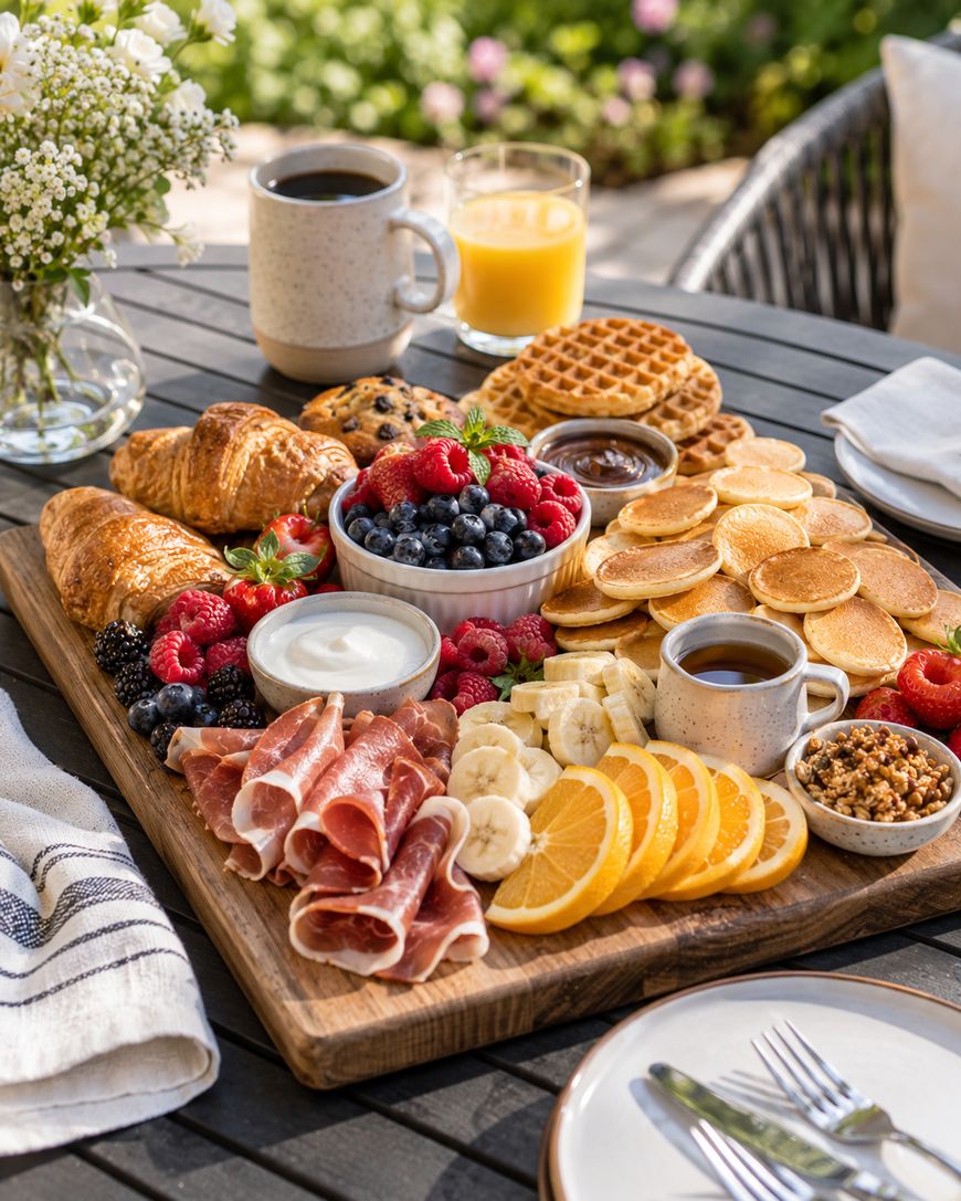 A breakfast platter with croissants, waffles, pancakes, berries, granola, sliced bananas, oranges, ham, yogurt, syrup, coffee, orange juice, and a vase of flowers on an outdoor table.