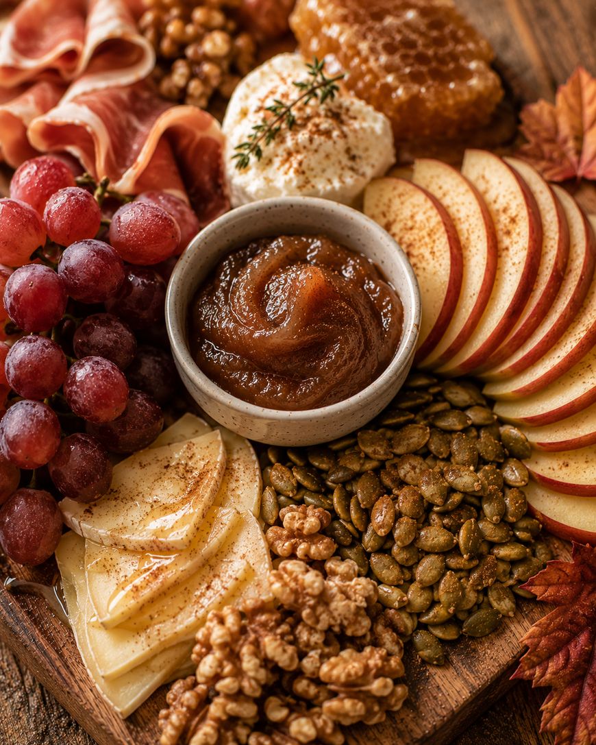 A wooden board with sliced apples, grapes, walnuts, pepitas, cheese, prosciutto, ricotta with herbs, honeycomb, and a bowl of apple butter, arranged decoratively with autumn leaves.