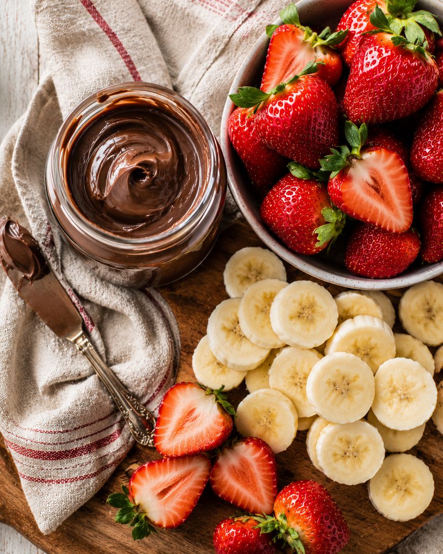 A jar of chocolate spread, whole and sliced strawberries, and banana slices are arranged on a wooden board with a striped cloth napkin and a spreading knife.