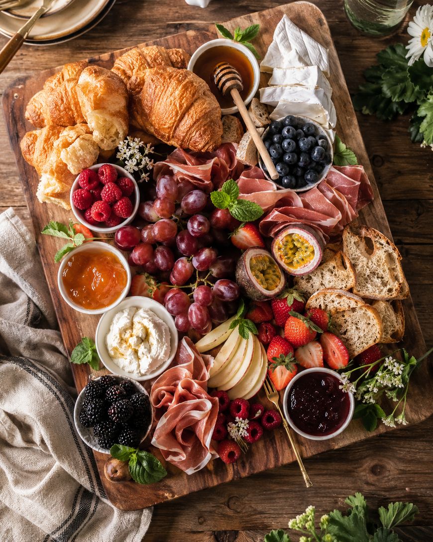 A wooden board topped with croissants, cheeses, assorted berries, grapes, sliced bread, cured meats, apple slices, jams, honey, and passion fruit, garnished with mint leaves and flowers, sits on a rustic table.