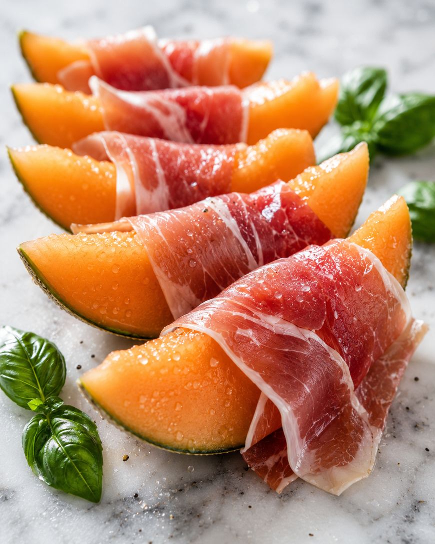 Five cantaloupe wedges wrapped in thin slices of prosciutto are arranged in a row on a marble surface, garnished with fresh basil leaves.