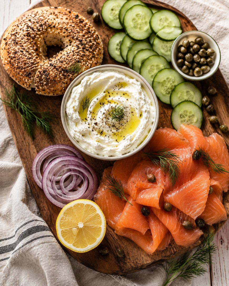 A wooden board with a bagel, sliced cucumber, capers, red onion, lemon, whipped cream cheese topped with herbs and olive oil, and smoked salmon garnished with dill.