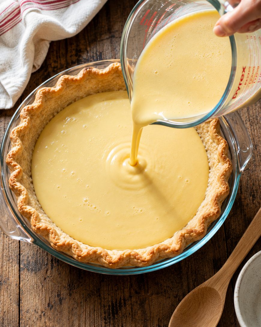 A hand pours creamy yellow custard into a baked pie crust in a glass dish on a wooden table. A wooden spoon and a white towel are nearby.