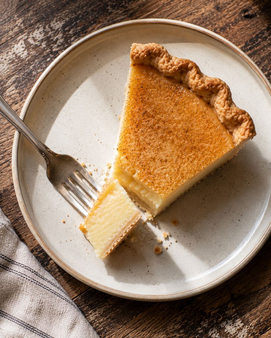 A slice of custard pie with a golden, crimped crust sits on a plate. A fork has cut off a small bite, and the pie rests on a rustic wooden surface with a striped cloth nearby.