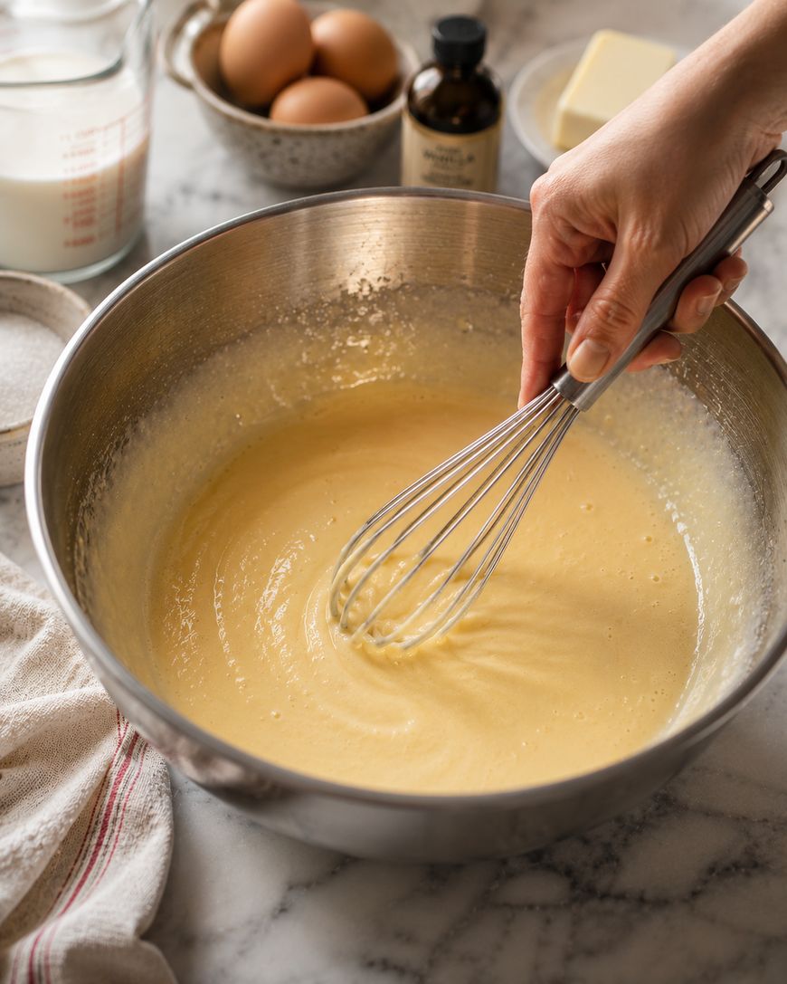 A hand uses a whisk to mix batter in a large metal bowl on a marble countertop. Ingredients like eggs, butter, milk, vanilla extract, and a towel are visible nearby.