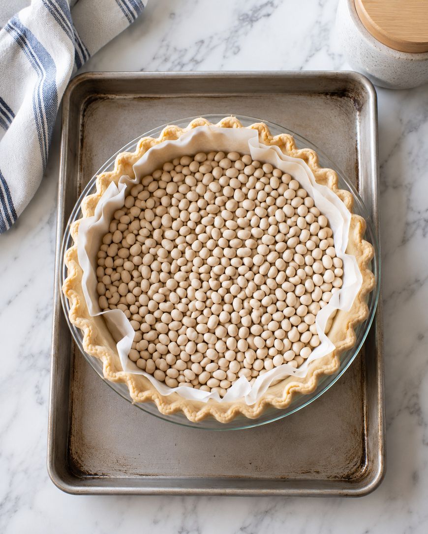 A pie crust lined with parchment paper and filled with pie weights sits on a baking sheet atop a marble countertop, next to a striped kitchen towel and a small container.