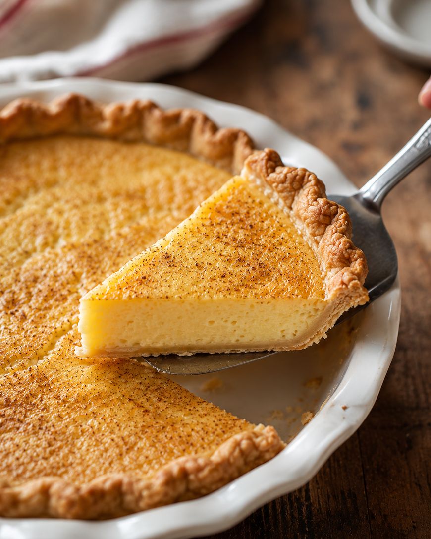 A close-up of a golden, creamy custard pie in a white pie dish, with one slice being lifted out, showing its smooth texture and flaky crust. The pie is lightly dusted with nutmeg.