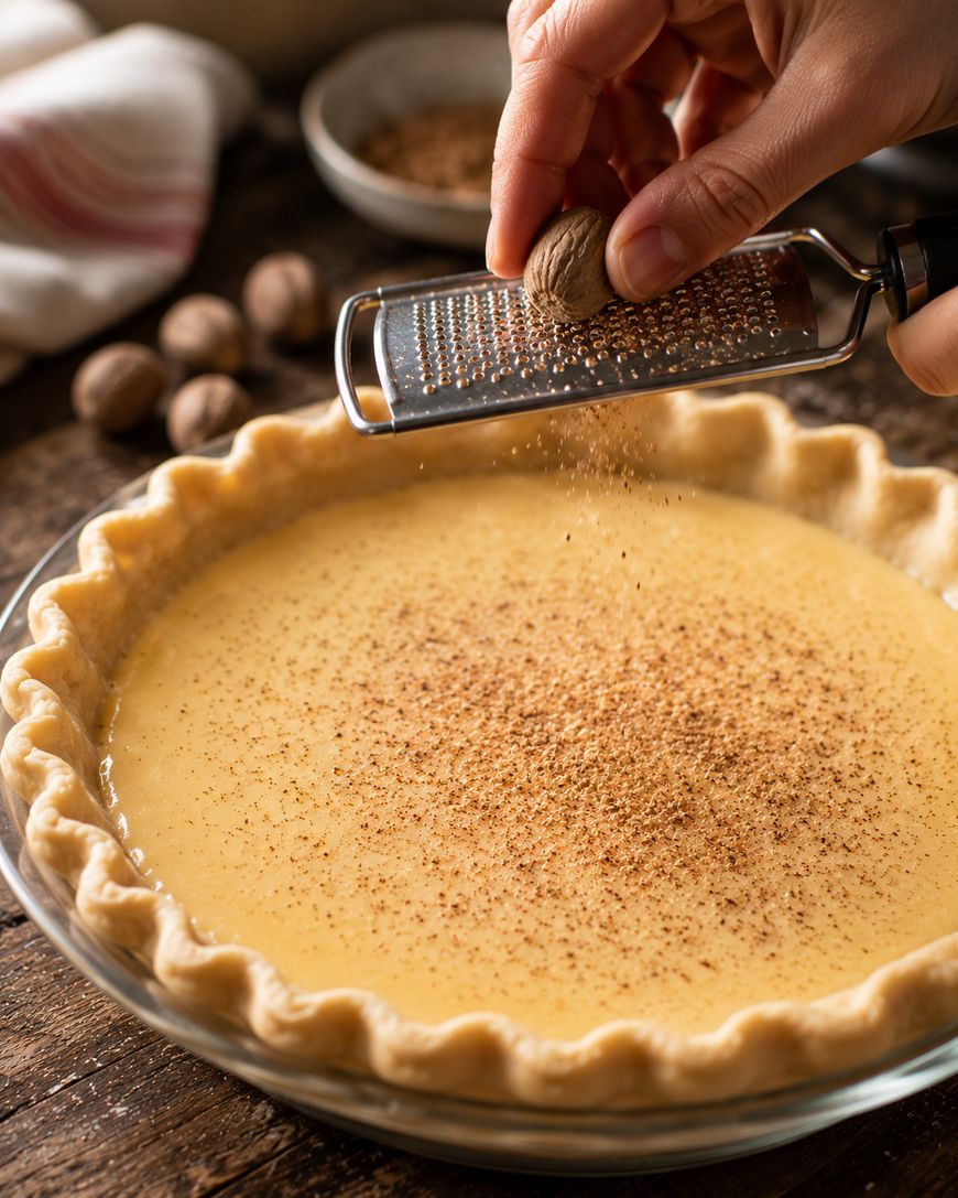 A hand grates nutmeg over an unbaked custard pie in a glass dish with a crimped crust, resting on a wooden surface with whole nutmegs and a bowl in the background.