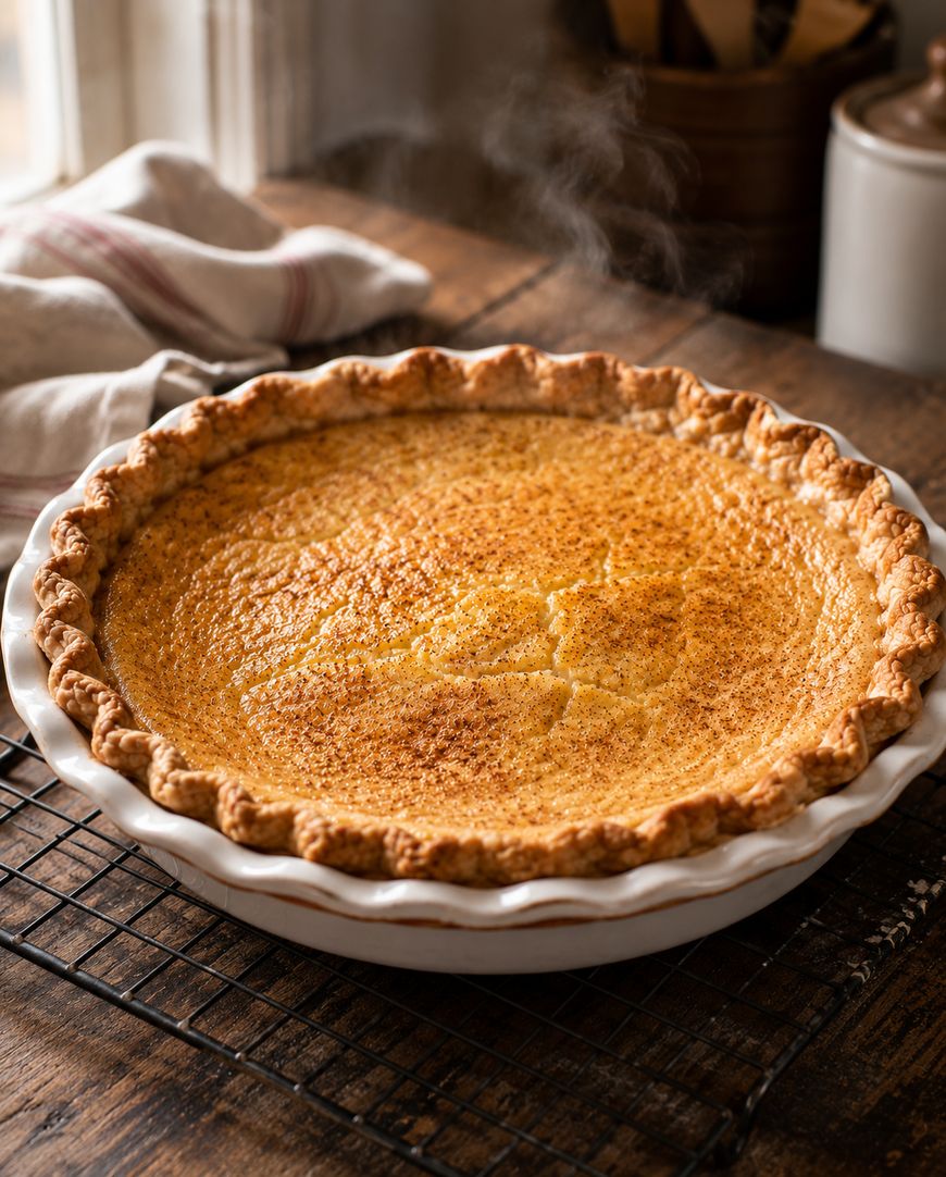 A freshly baked, golden-brown pie sits in a white ceramic dish on a cooling rack, with steam rising from the top, on a rustic wooden table near a window.