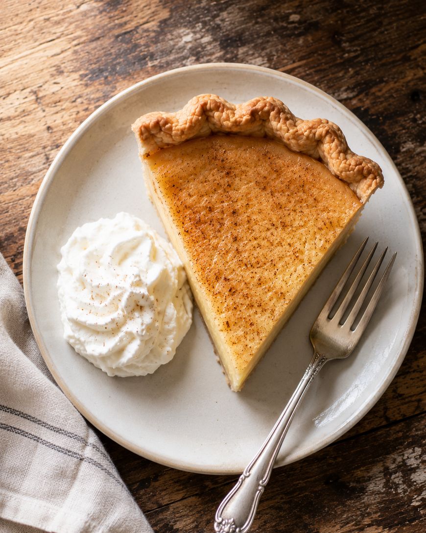 A slice of custard pie with a golden, flaky crust sits on a white plate beside a dollop of whipped cream, with a silver fork resting on the plate. The background is a rustic wooden table.