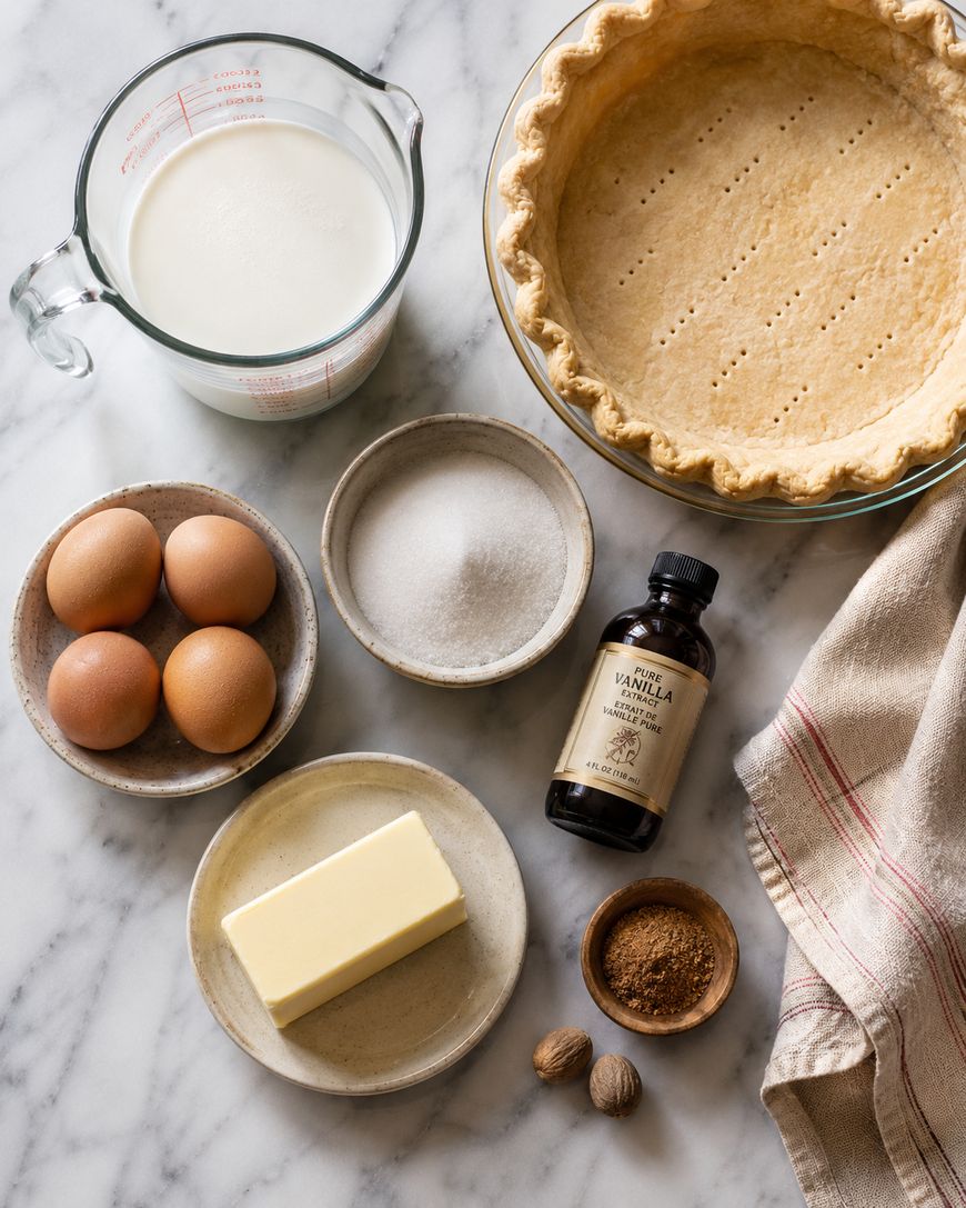 Ingredients for baking: a pie crust in a dish, a measuring cup of milk, three eggs, a bowl of sugar, a bottle of vanilla extract, a plate of butter, ground nutmeg, and a beige cloth on a marble surface.