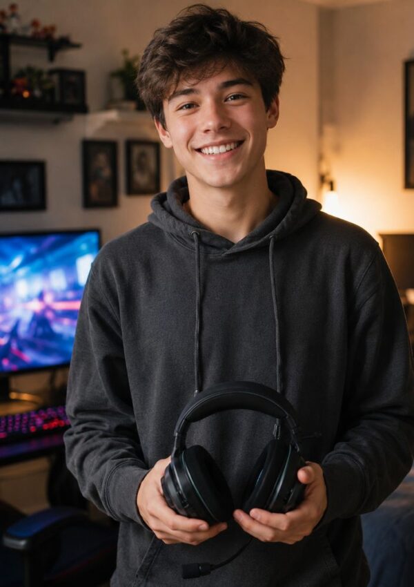 Smiling teenage boy in a dark hoodie holds gaming headphones in a cozy room with a glowing gaming setup and posters on the wall.