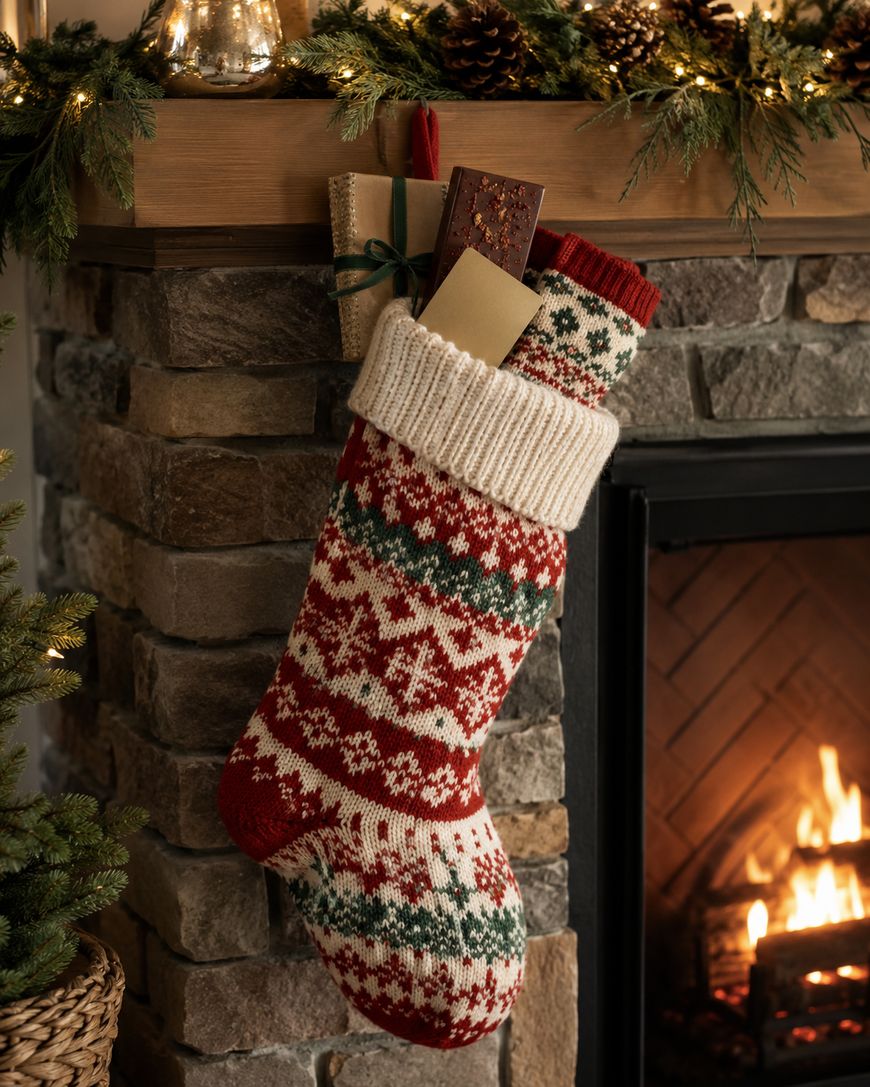 A red, white, and green Christmas stocking hangs on a stone fireplace mantle, filled with gifts. A fire burns in the fireplace, and pine garland decorates the mantle above.