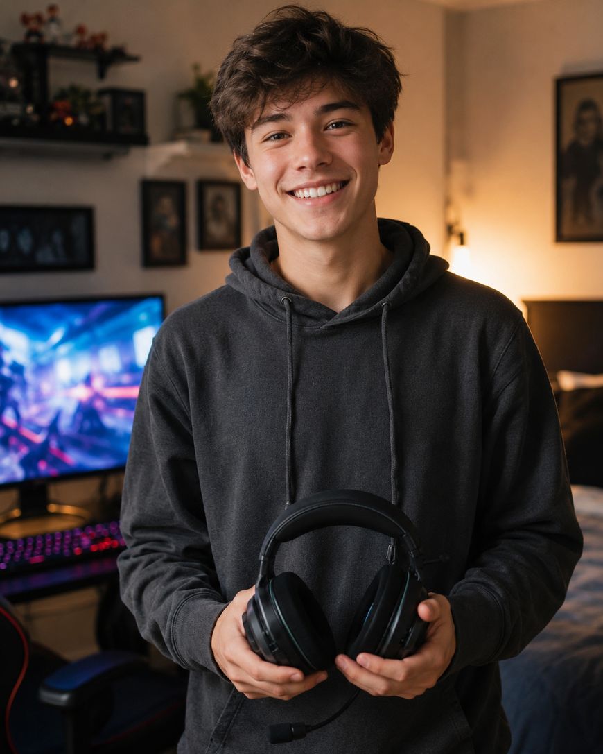 Smiling teen in a gray hoodie holding headphones stands in a cozy room with a gaming setup, colorful keyboard, and wall art in the background.