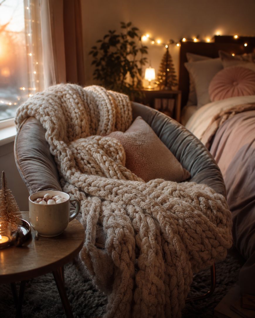 A cozy room with a soft chair draped in a chunky knit blanket, a pillow, a side table holding hot cocoa and candles, string lights, and a neatly made bed in the background.