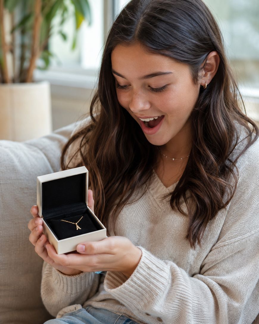 A young woman with long brown hair smiles excitedly while holding an open jewelry box containing a gold necklace. She is sitting indoors on a couch, wearing a light sweater.