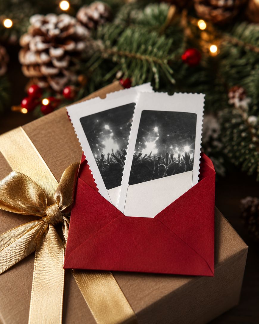 Two concert tickets in a red envelope rest on a wrapped gift box with a gold ribbon, surrounded by festive holiday decorations and pine branches.