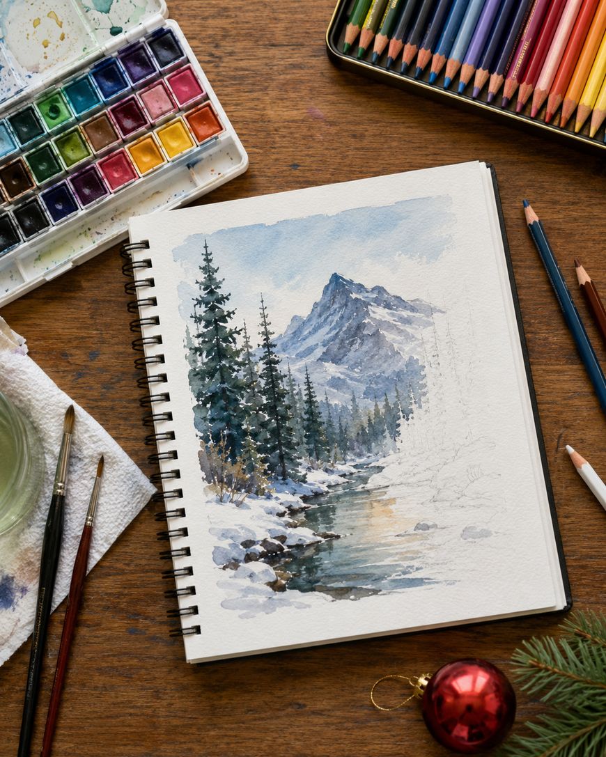 A spiral sketchbook shows a watercolor painting of a snowy mountain, pine trees, and a river. Surrounding it are colored pencils, watercolor paints, brushes, a glass of water, and a red Christmas ornament on a wooden table.