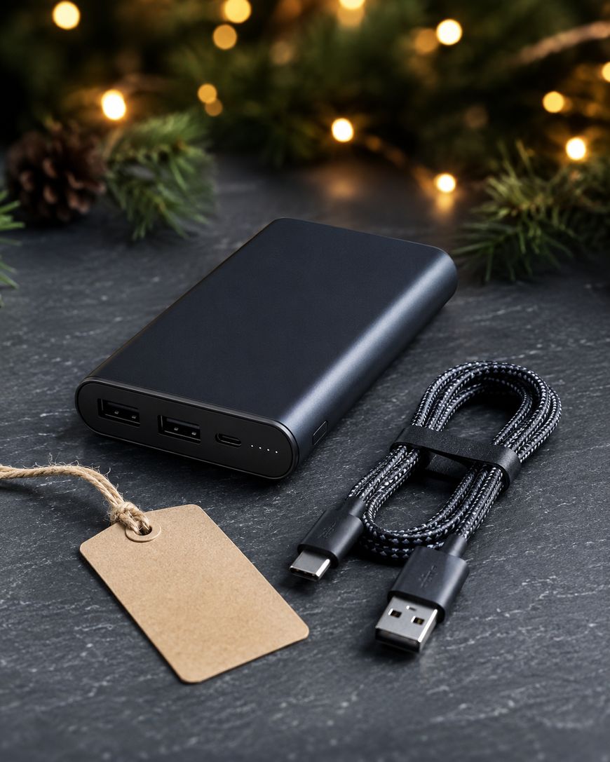 A black power bank with a charging cable and a blank brown gift tag on a dark surface, with pine branches and string lights blurred in the background.