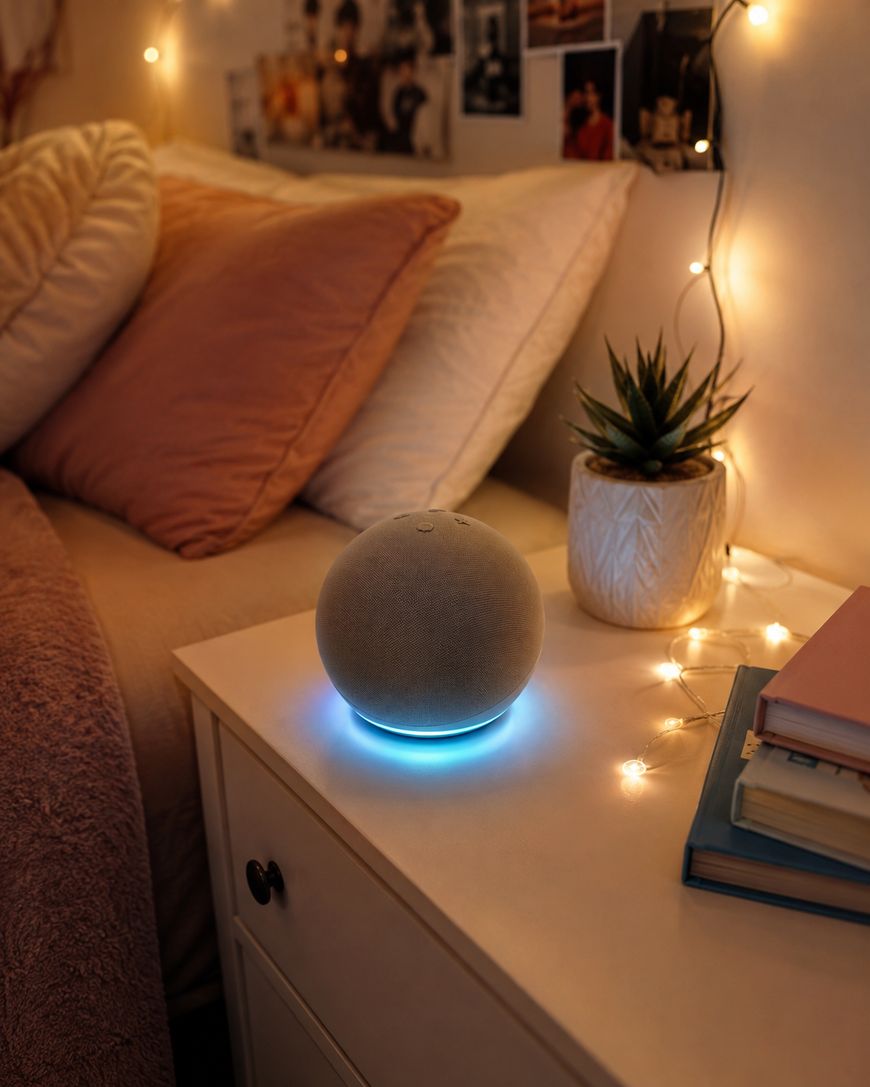A smart speaker with a glowing blue ring sits on a nightstand beside a bed with cozy pillows, a potted plant, string lights, and stacked books in a softly lit bedroom.