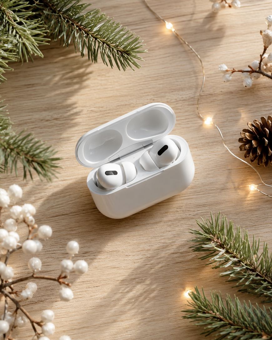 White wireless earbuds in an open charging case sit on a wooden surface, surrounded by pine branches, a pinecone, white berries, and festive string lights.