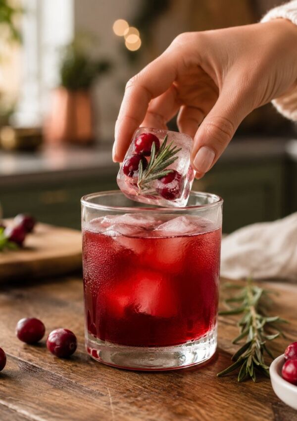 A hand places an ice cube with cranberries and rosemary into a glass of red cranberry drink on a wooden table, with loose cranberries and herbs nearby.