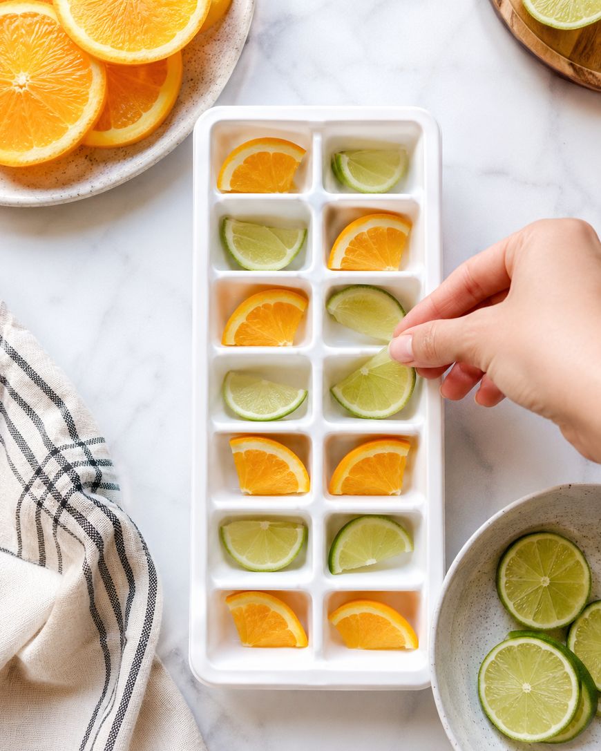 A hand places a lime slice into an ice cube tray filled with orange and lime slices; plates with more fruit are nearby on a marble surface.