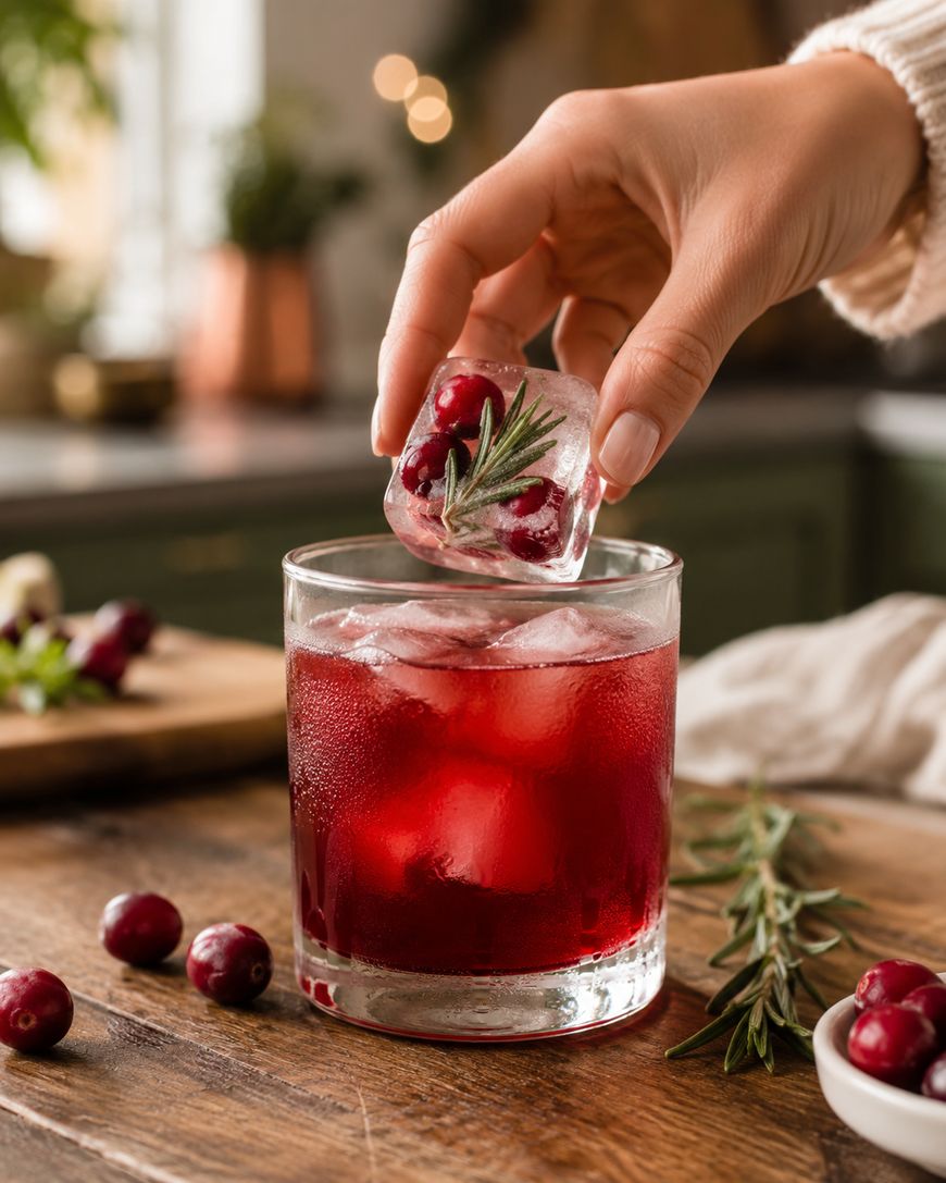 A hand places an ice cube with cranberries and rosemary into a glass of red drink on a wooden table, surrounded by fresh cranberries and rosemary.