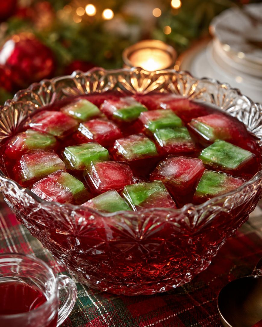 A crystal punch bowl filled with red punch and red and green ice cubes sits on a plaid tablecloth, with festive holiday decor and a candle in the background.