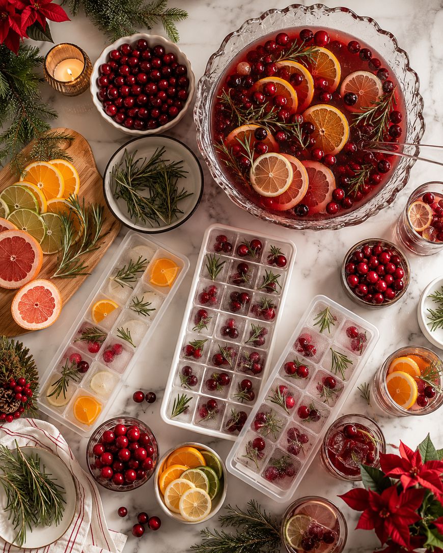 A festive table with a bowl of cranberry punch, citrus slices, rosemary, cranberries, ice cube trays with fruit and herbs, and glasses of punch, all arranged on a marble surface with holiday greenery.
