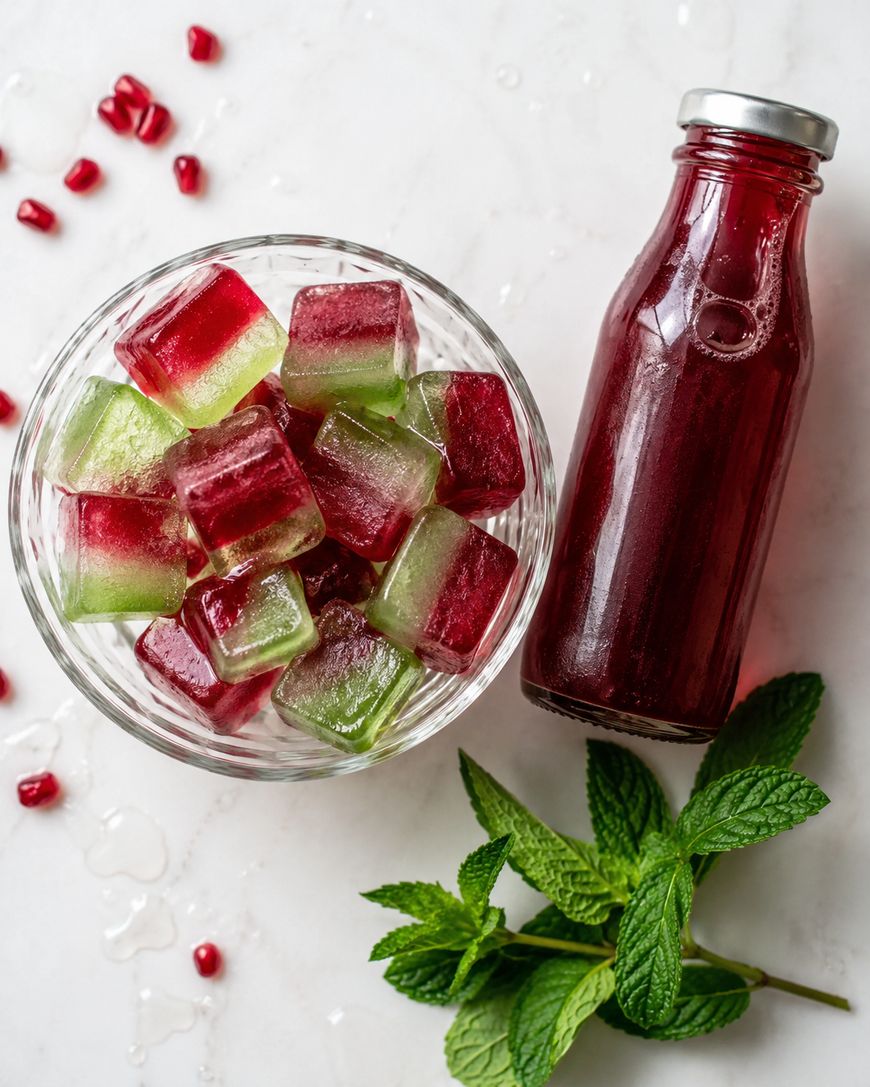 A glass bowl with red and green ice cubes, a bottle of red juice, fresh mint leaves, and scattered pomegranate seeds are arranged on a white surface.