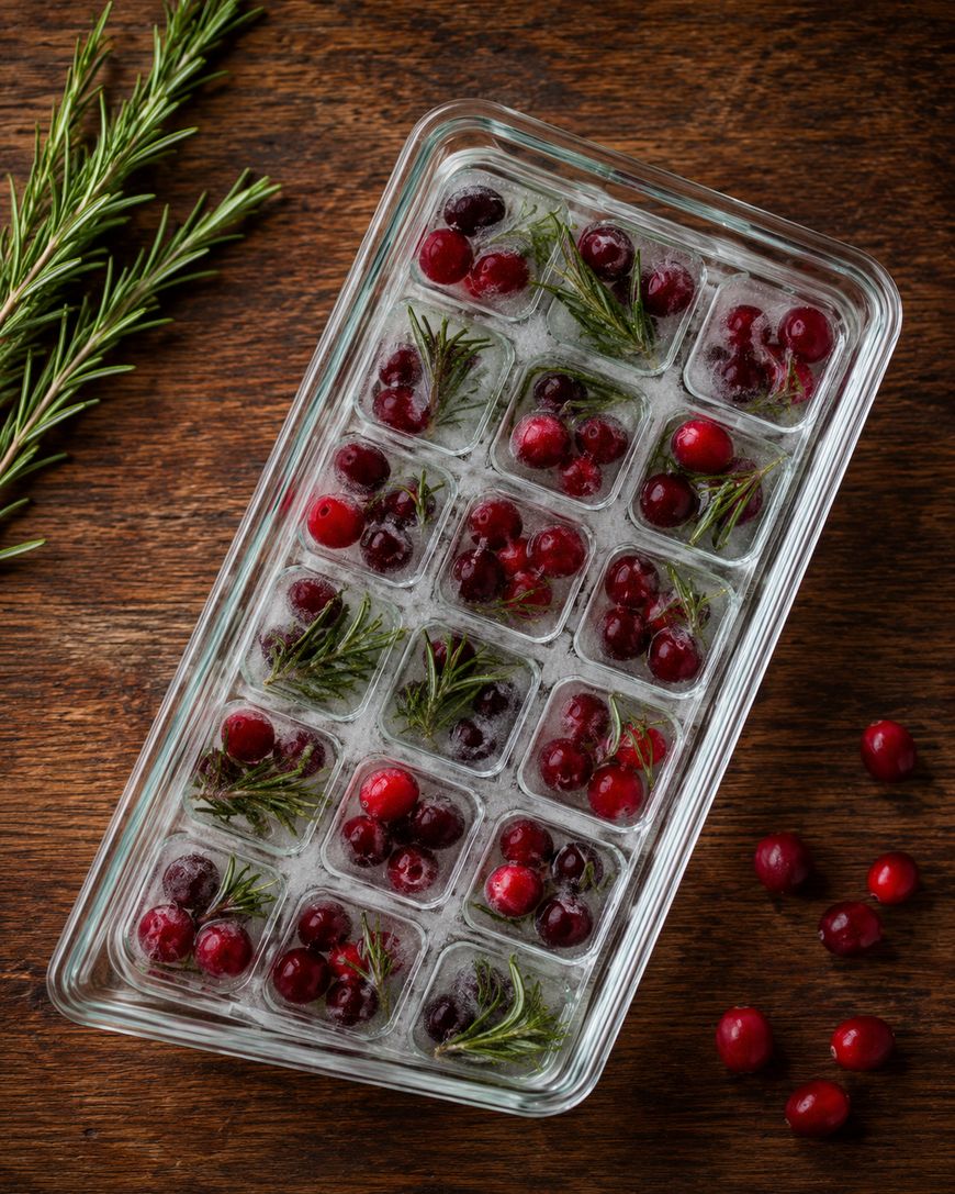 A glass ice cube tray filled with ice cubes, each containing cranberries and rosemary sprigs, sits on a wooden surface with additional cranberries and rosemary nearby.