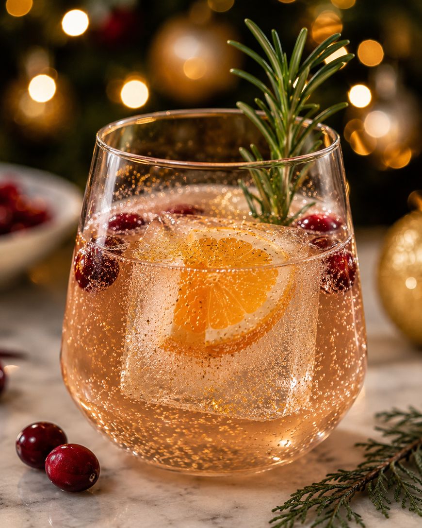 A sparkling drink in a glass with an orange slice, cranberries, a rosemary sprig, and a large ice cube. Holiday decorations and lights are blurred in the background.