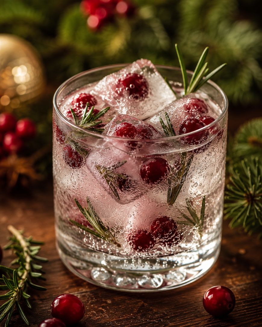 A glass of sparkling water with ice cubes containing cranberries and rosemary sprigs, surrounded by festive greenery and cranberries on a wooden surface.