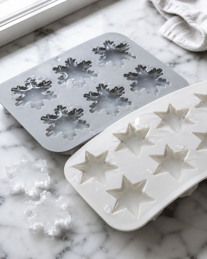 Two silicone trays on a marble counter hold ice in the shapes of snowflakes and stars, alongside a white towel and a couple of snowflake-shaped ice pieces placed nearby.