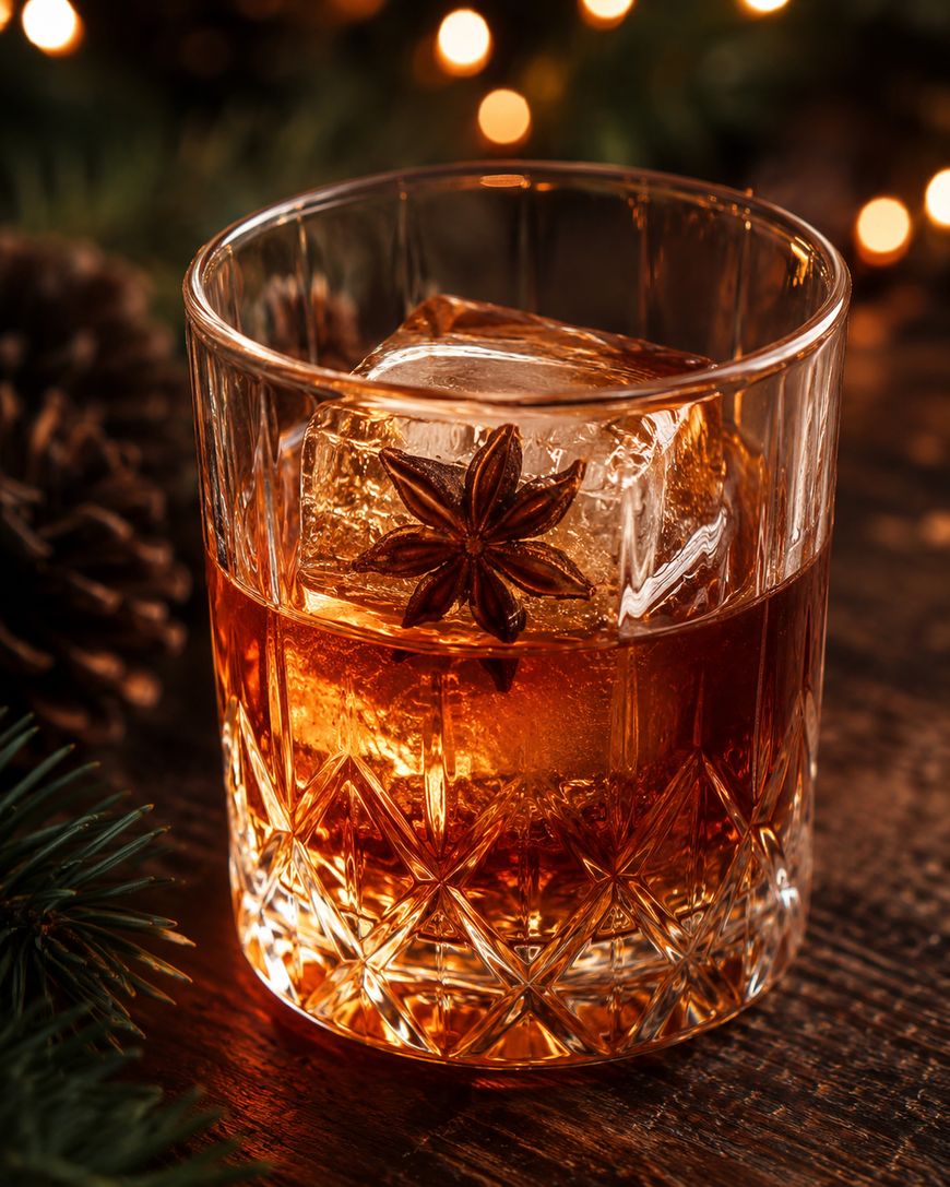 A glass of whiskey with large ice cubes and a star anise garnish sits on a wooden table, surrounded by pine branches and warm festive lights.