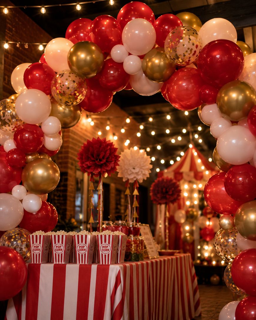 A festive circus-themed party setup with red, white, and gold balloons forming an arch, string lights overhead, popcorn boxes on a striped table, and a tent in the background.