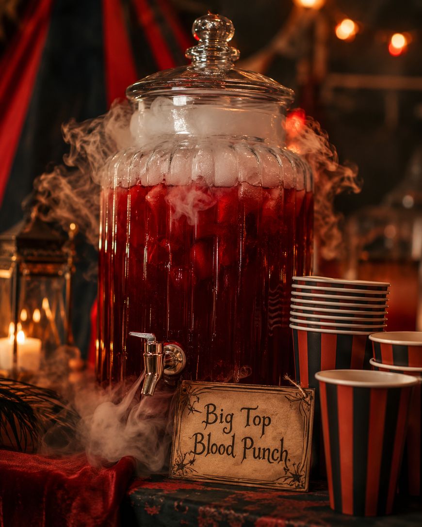 A glass drink dispenser filled with red punch and ice sits beside striped cups. Smoke surrounds it, and a sign reads "Big Top Blood Punch." The scene is decorated with circus-themed elements and warm lighting.