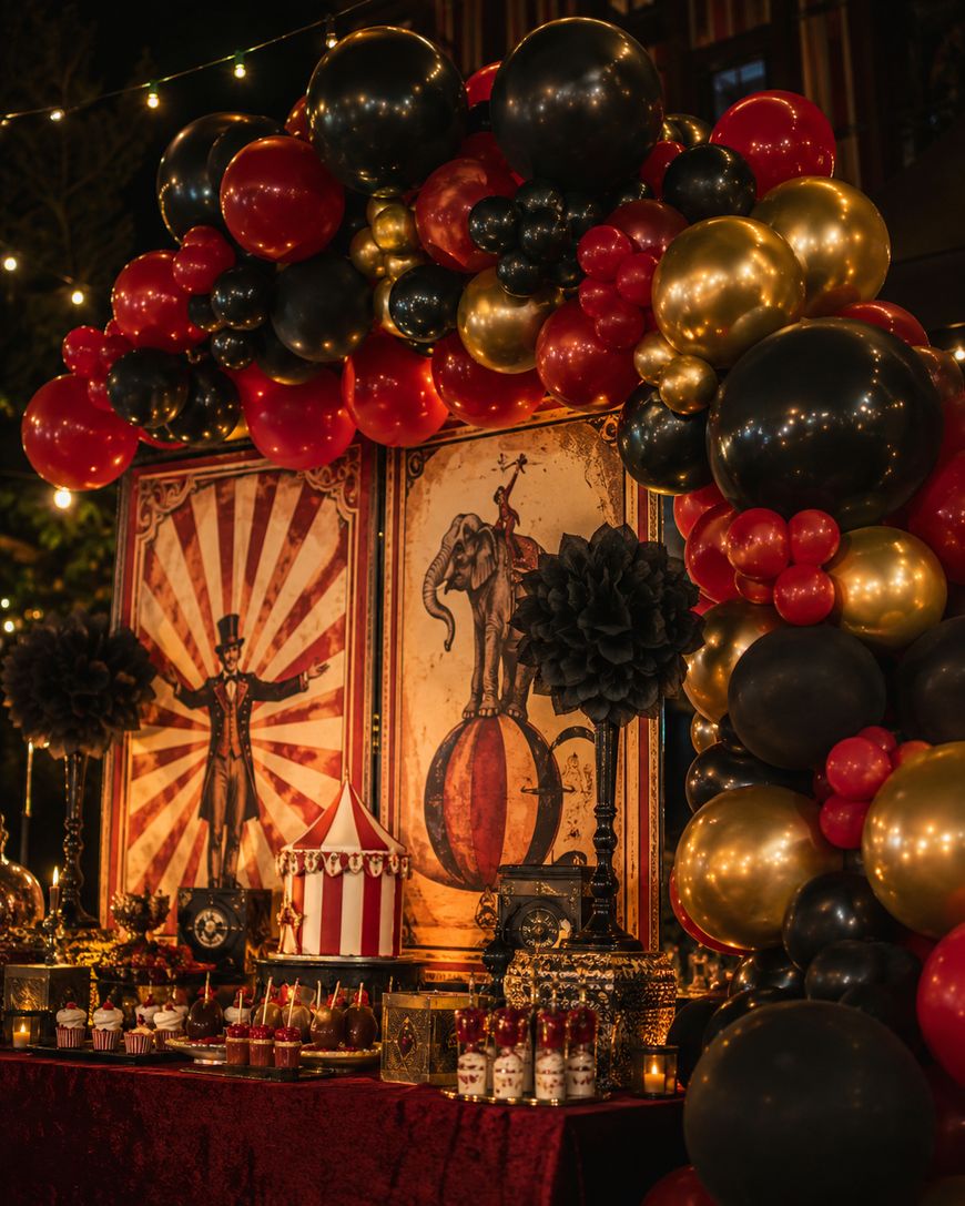 Circus-themed party table with red, gold, and black balloons, cupcakes, a mini tent, and vintage circus posters featuring a ringmaster and an elephant balancing on a ball. Warm lights decorate the festive scene.