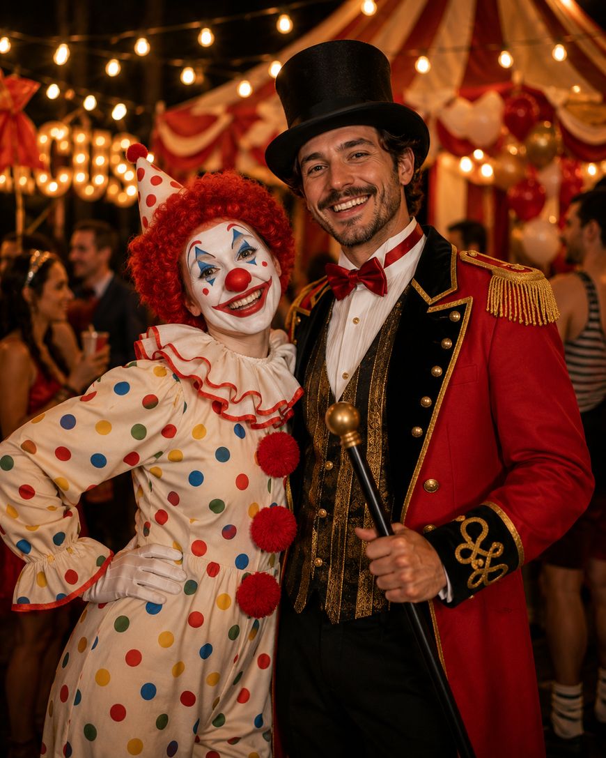 A smiling clown in a polka-dot costume stands next to a ringmaster in a red coat and top hat, both posing happily at a circus-themed party with colorful lights and a tent in the background.