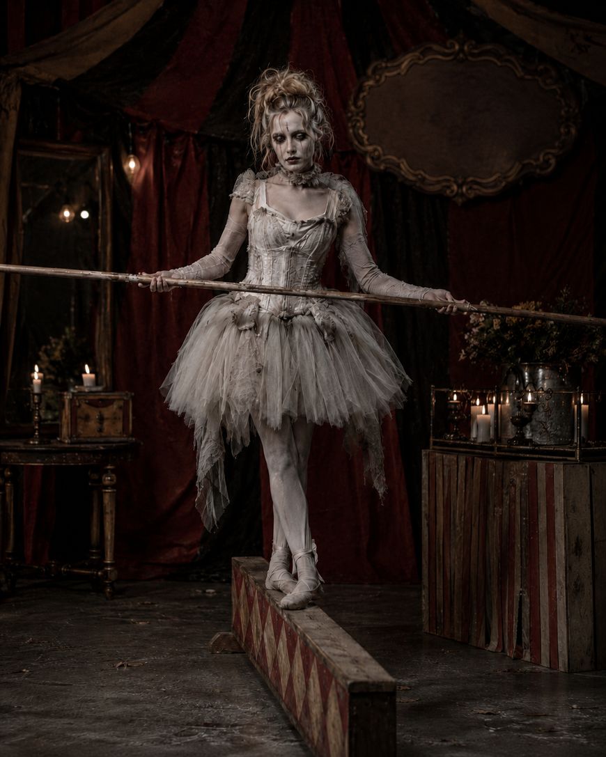 A woman in a tattered ballet dress and pale makeup balances on pointe on a narrow beam in a dim, vintage circus setting with candles, flowers, and draped red-and-black curtains.
